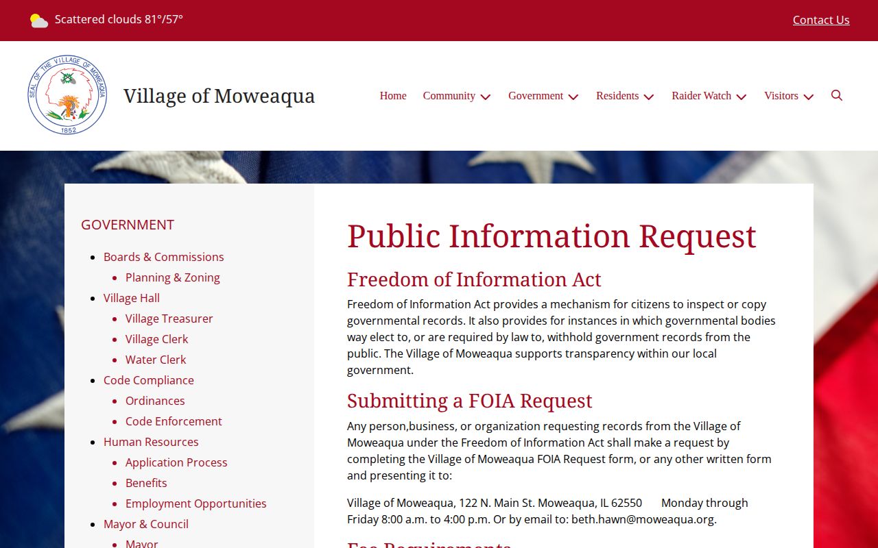 Moweaqua public-information request page for Shelby County police records and booking photos