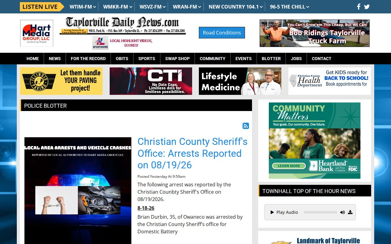 Taylorville Daily News police blotter source for Shelby County crime reports