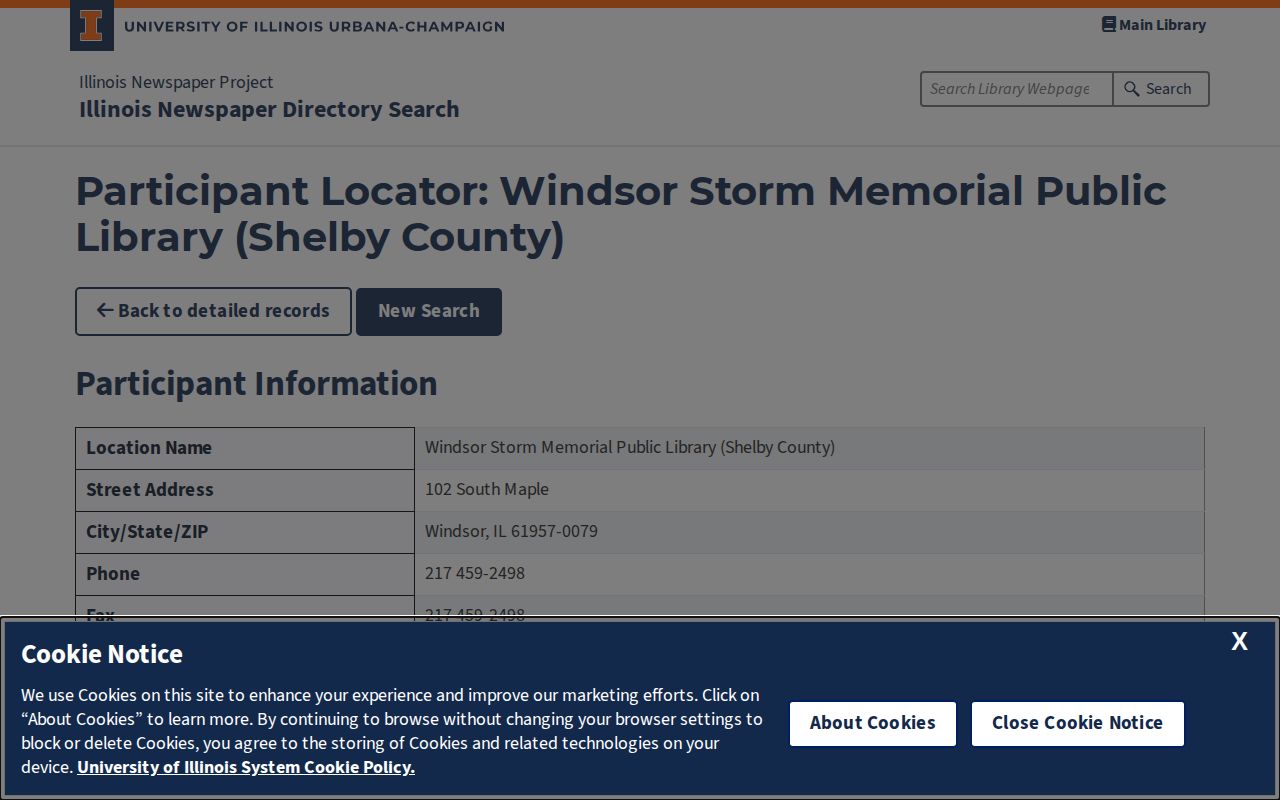 Windsor Storm Memorial Public Library newspaper holdings directory
